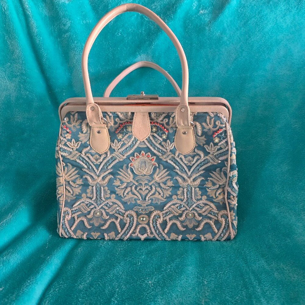 Christiana Beaded Metal Frame Teal Handbag Vintage